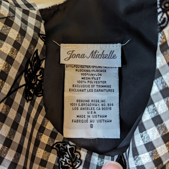 Jona Michelle sz8 Black & white gingham flocked floral fit & flare dress EUC - Picture 5 of 6
